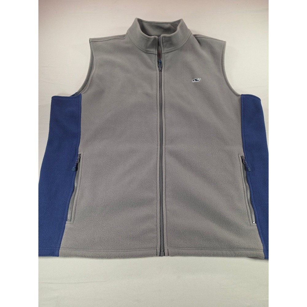 Vineyard Vines Mens XL Fleece Vest Gray Blue Full Zip Whale Logo Jacket